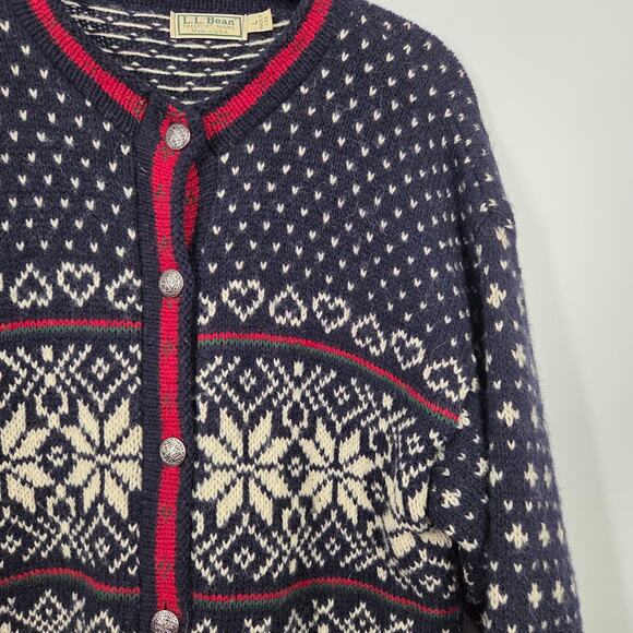 Vintage L.L. Bean Blue Red White Chunky Knit Fair Isle Cardigan Sweater Large - Picture 2 of 5